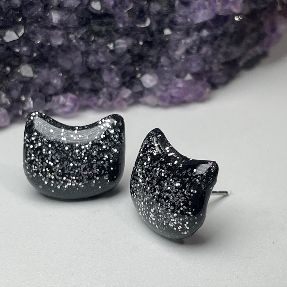 2/$18 Custom Silver Glitter Black Cat Stud Earrings